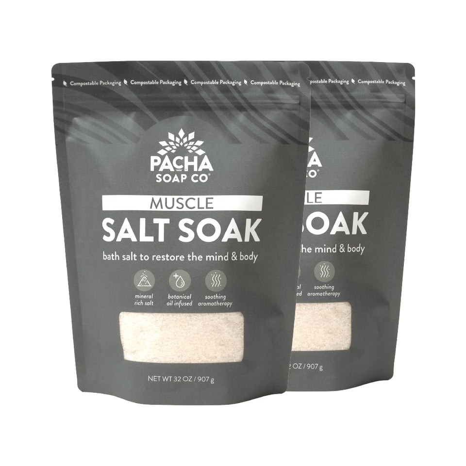 Pacha Soap Co muscle salt bath soak featuring arnica and calendula for soothing recovery after workouts.