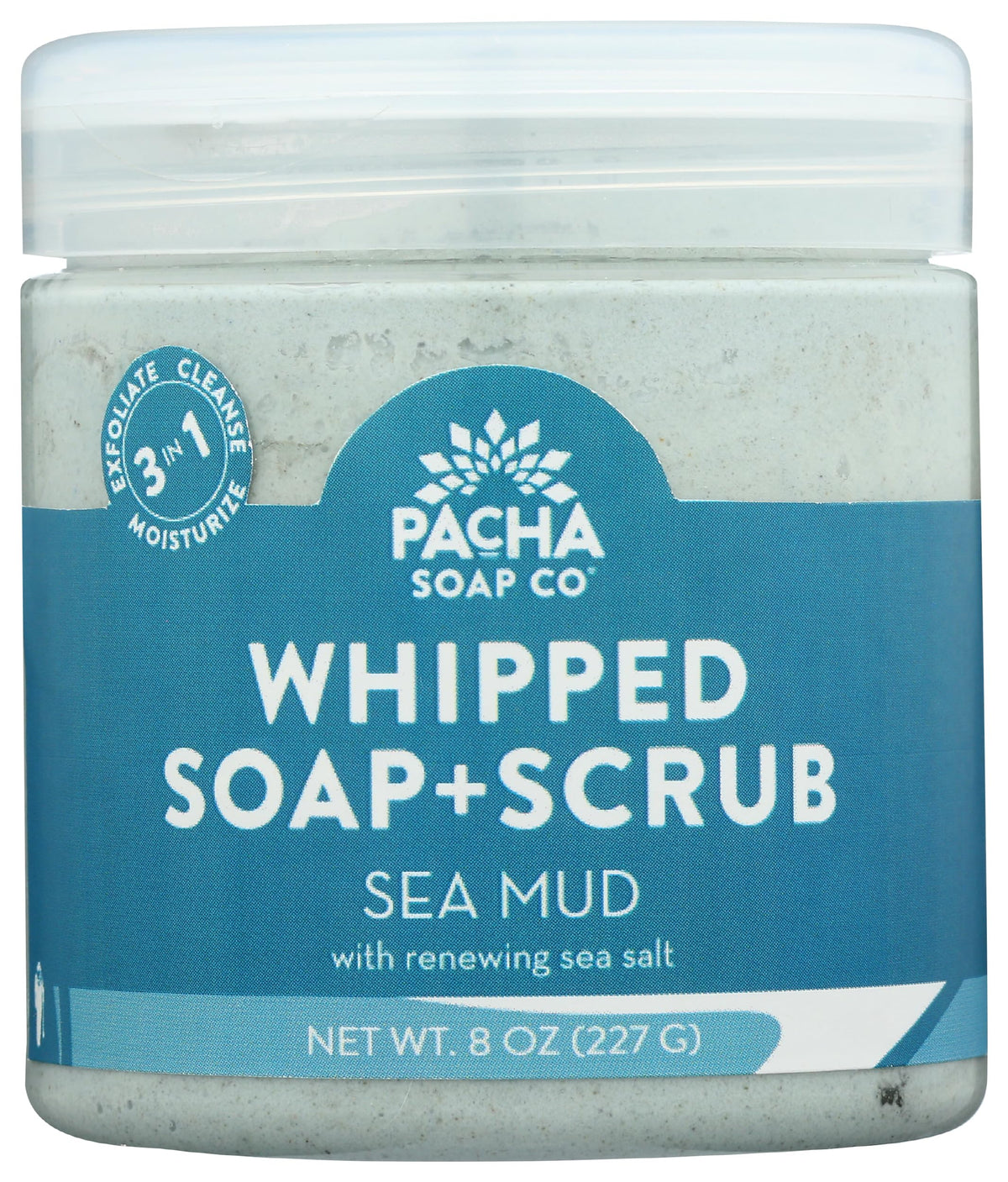Pacha Soap Co Sea Mud Whipped Soap Scrub bottle shows creamy exfoliation for smooth skin.