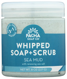 Pacha Soap Co Sea Mud Whipped Soap Scrub bottle shows creamy exfoliation for smooth skin.