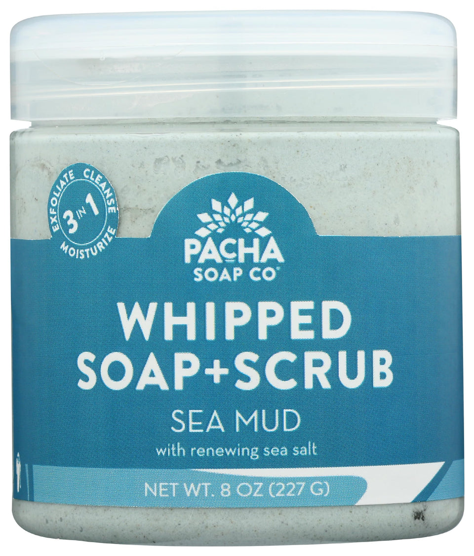 Pacha Soap Co Sea Mud Whipped Soap Scrub bottle shows creamy exfoliation for smooth skin.