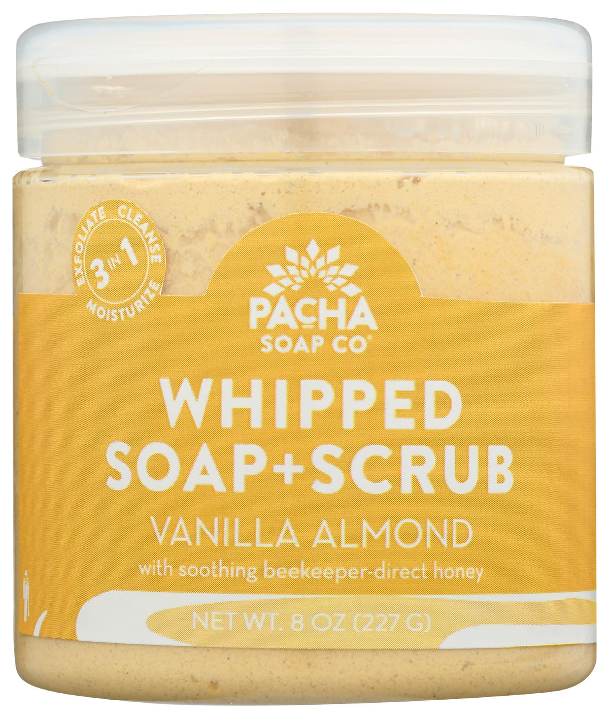 Pacha Soap Co vanilla almond whipped scrub jar showing silky texture for smooth skin
