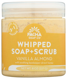 Pacha Soap Co vanilla almond whipped scrub jar showing silky texture for smooth skin