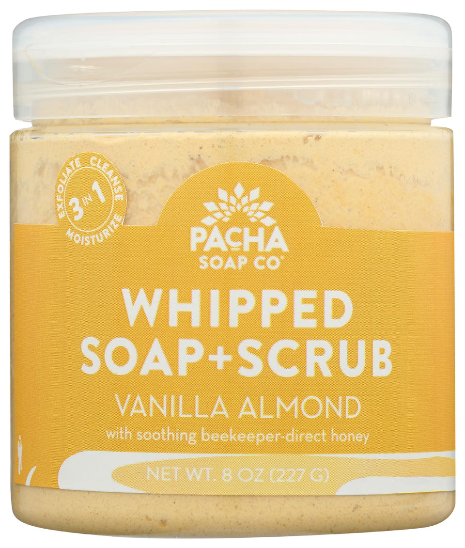Pacha Soap Co vanilla almond whipped scrub jar showing silky texture for smooth skin