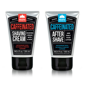Pacific Shaving Company caffeinated shaving cream bottle highlights energizing formula for a smooth shave.