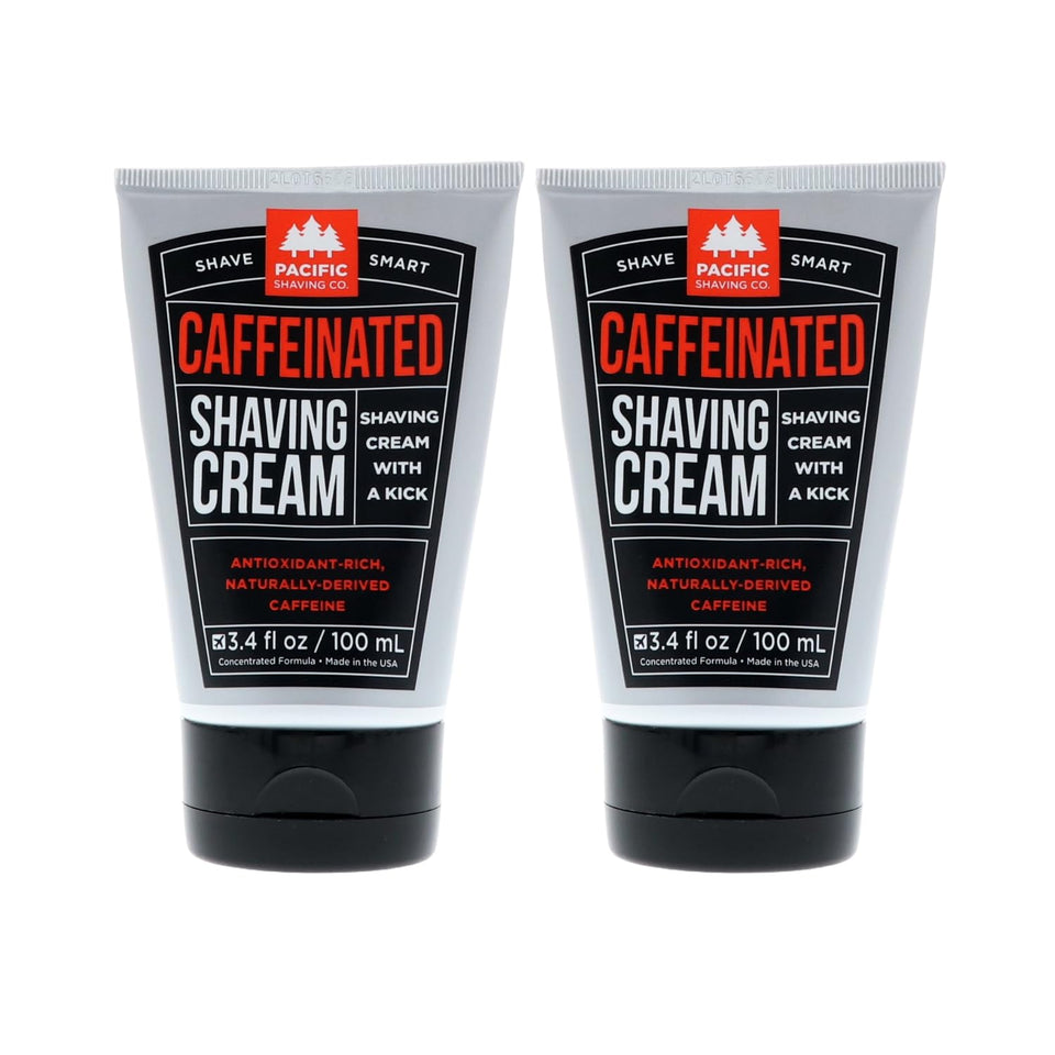 Pacific Shaving caffeinated shaving cream bottle delivers energizing shave