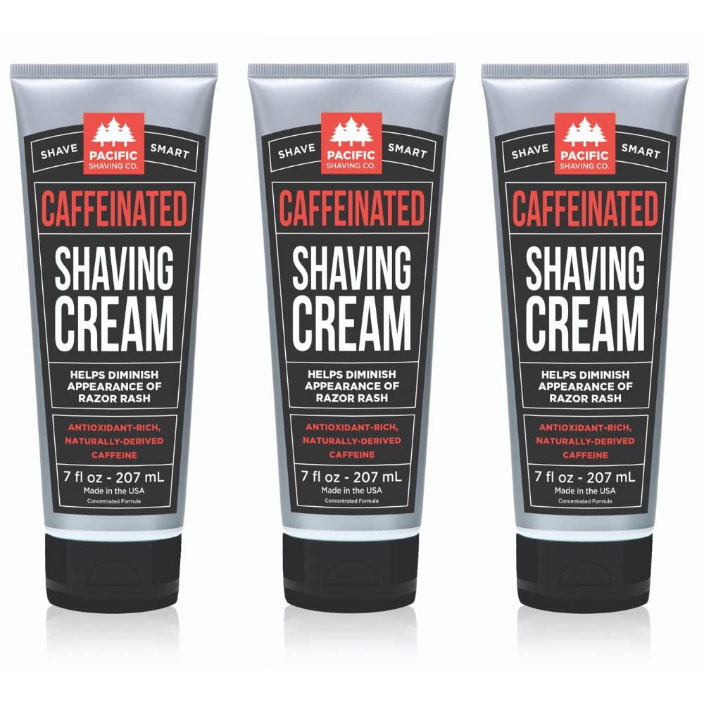 Pacific Shaving Co caffeinated shaving cream jar with shea butter for a smooth, hydrated shave.