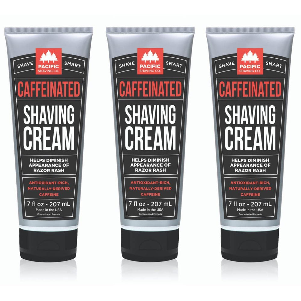 Pacific Shaving Co caffeinated shaving cream jar with shea butter for a smooth, hydrated shave.
