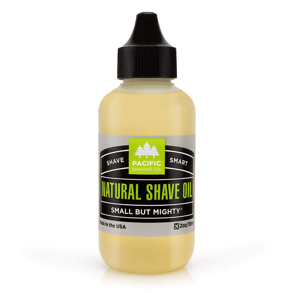 Pacific Shaving Company natural shaving oil bottle front showing clear formula for precise shaving.