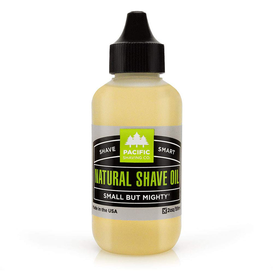 Pacific Shaving Company natural shaving oil bottle front showing clear formula for precise shaving.