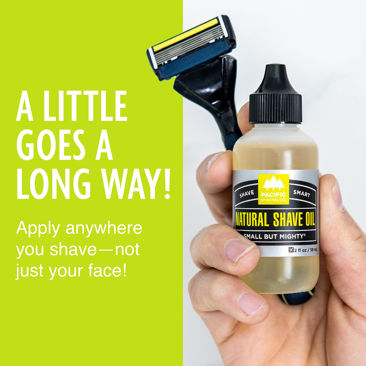 Pacific Shaving Company unisex shave oil demonstrating versatile application.