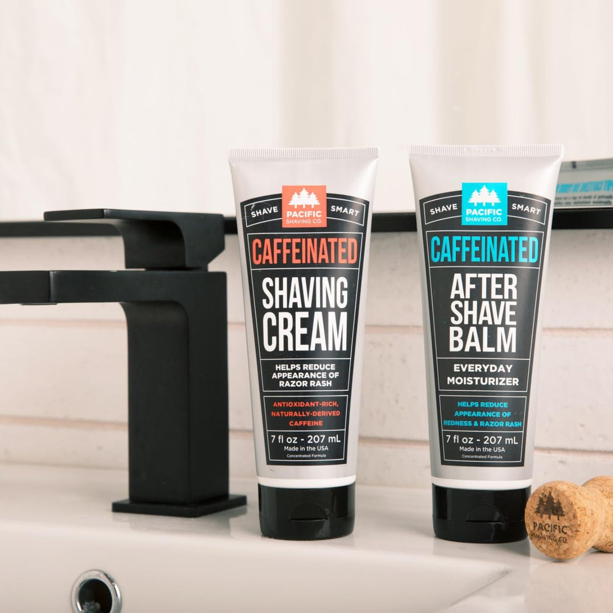 Two-pack packaging of the Pacific Shaving Company caffeinated shaving set.