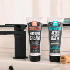 Two-pack packaging of the Pacific Shaving Company caffeinated shaving set.