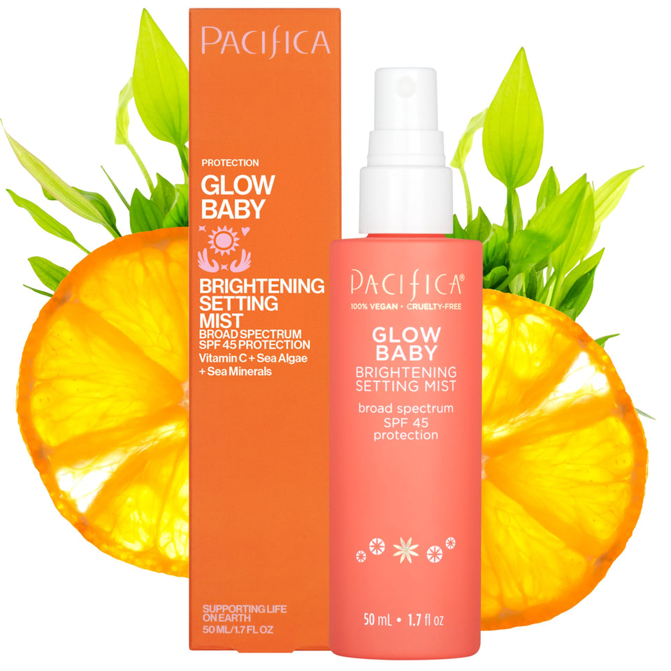 Pacifica Glow Baby Brightening Mist application close-up shows dewy SPF 45 protection.
