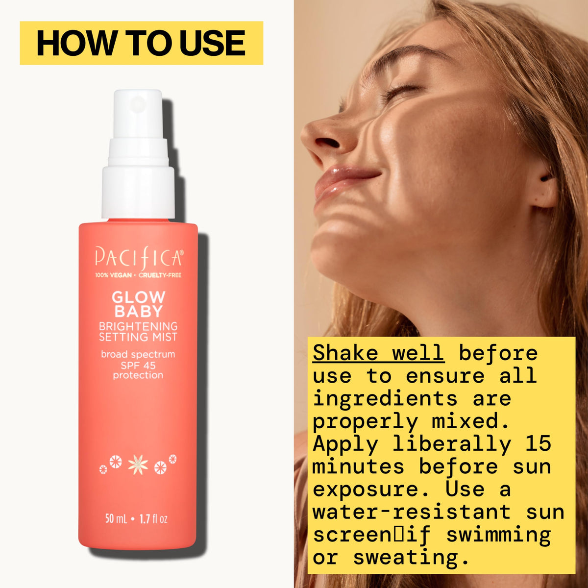 Pacifica Glow Baby Brightening Mist ready-to-use mist for quick refresh and makeup-friendly sunscreen reapplication.