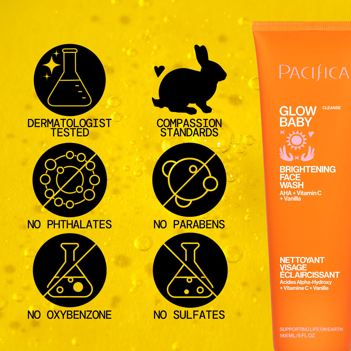 Pacifica Glow Baby face wash bottle display for brightening cleanse.