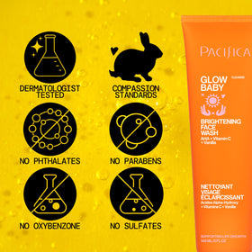 Pacifica Glow Baby face wash bottle display for brightening cleanse.