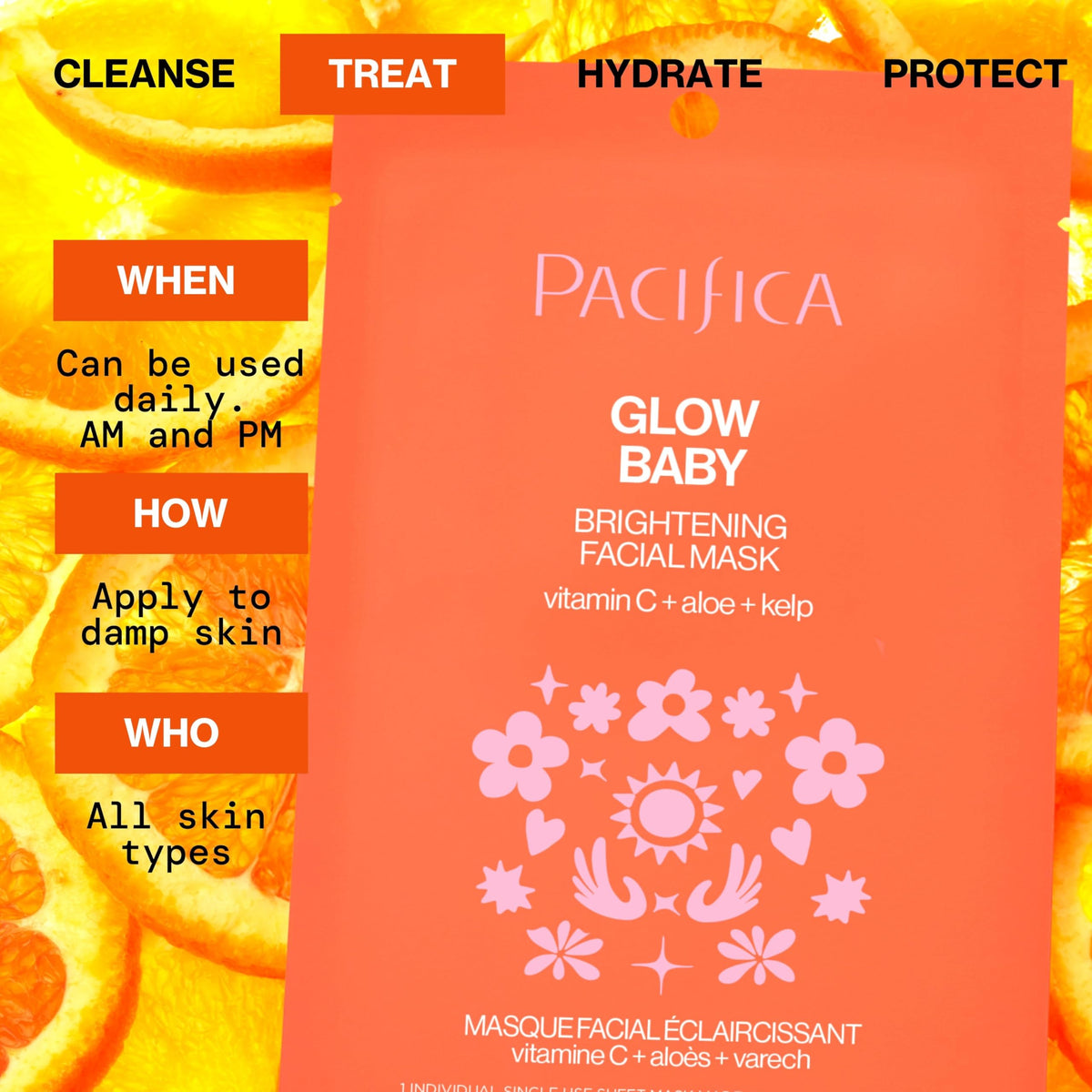 Pacifica Glow Baby Mask compostable sheet emphasizes eco-friendly use and waste reduction.