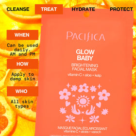 Pacifica Glow Baby Mask compostable sheet emphasizes eco-friendly use and waste reduction.