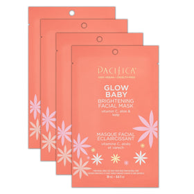 Pacifica Glow Baby Mask packaging shot shows a four-pack for at-home brighten-at-home routine.