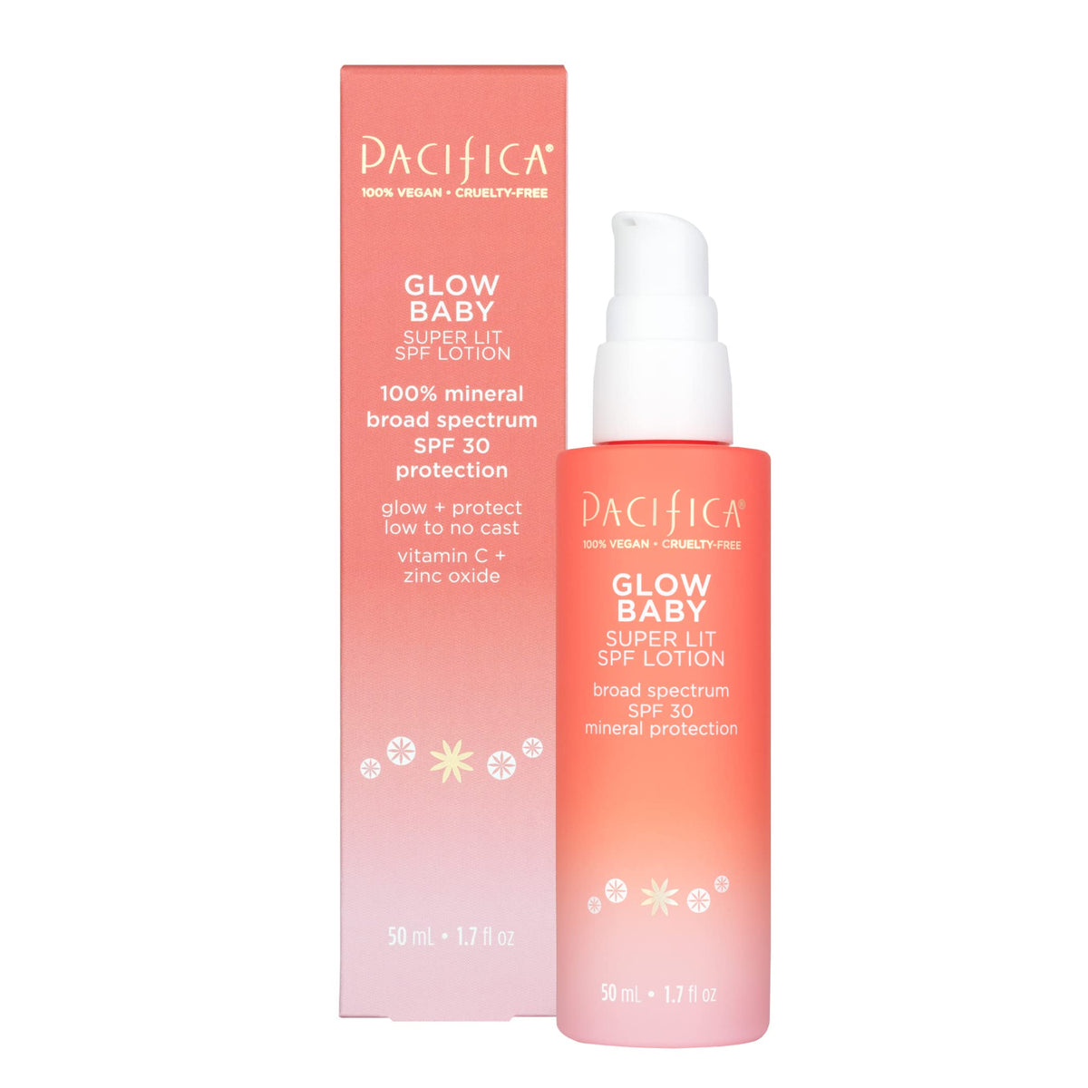 Pacifica Glow Baby SPF 30 lotion bottle with tinted mineral sunscreen for daily protection.