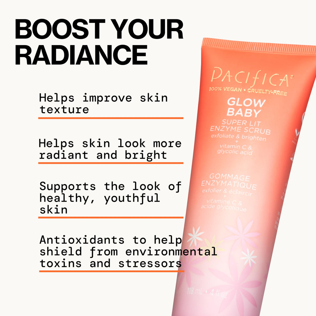 Pacifica Glow Baby glycolic acid and Vitamin E close-up for smoother skin.