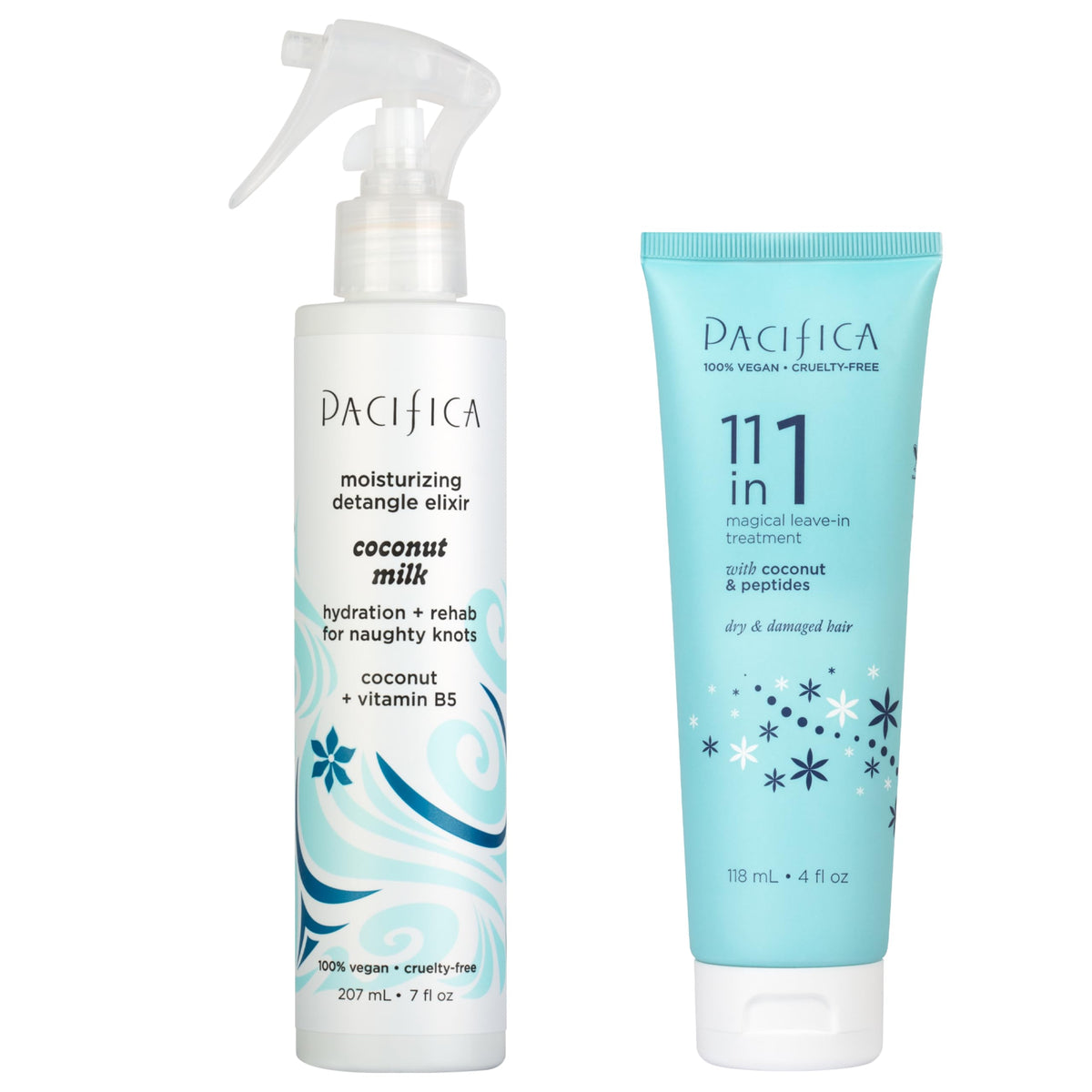 Pacifica Hair Detangler Spray bottle; effortless knot release on wet or dry hair.