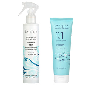 Pacifica Hair Detangler Spray bottle; effortless knot release on wet or dry hair.