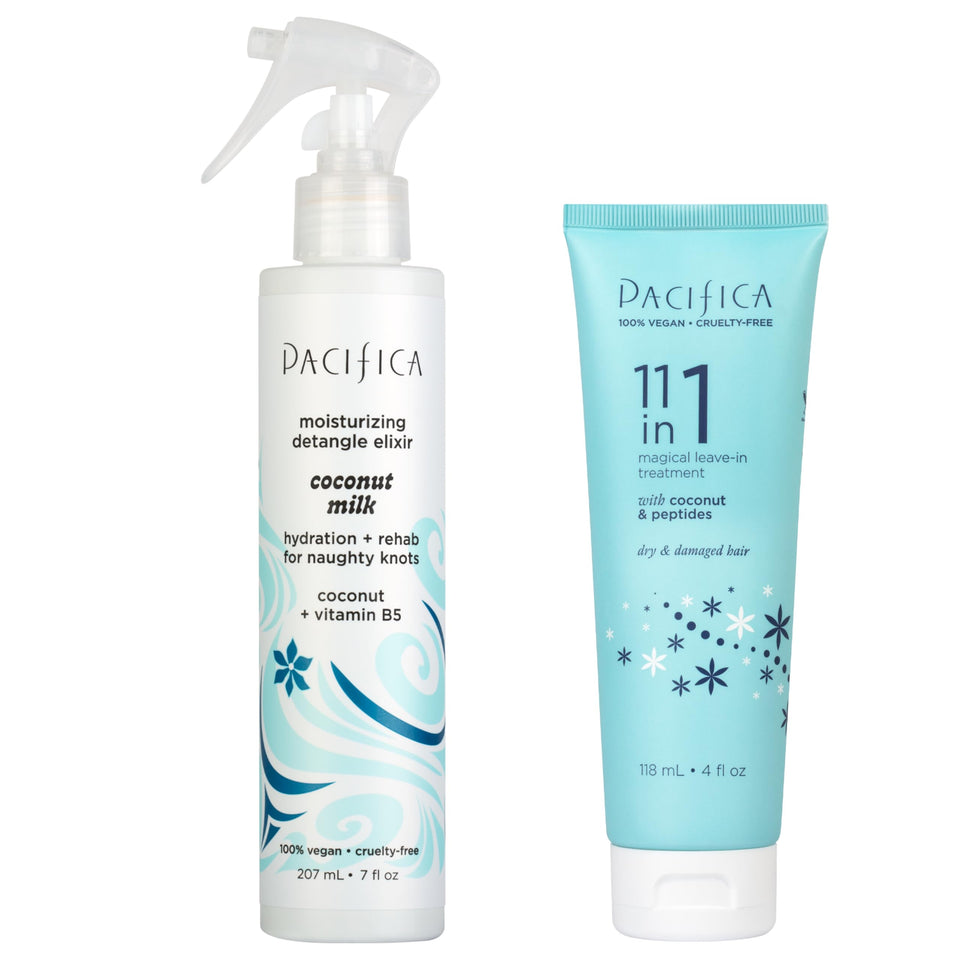 Pacifica Hair Detangler Spray bottle; effortless knot release on wet or dry hair.