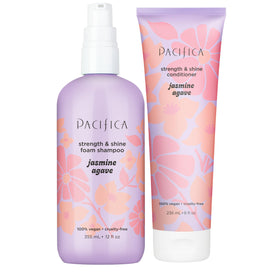 Pacifica Jasmine Agave Shampoo bottle, showcasing a vegan formula for stronger, shinier hair