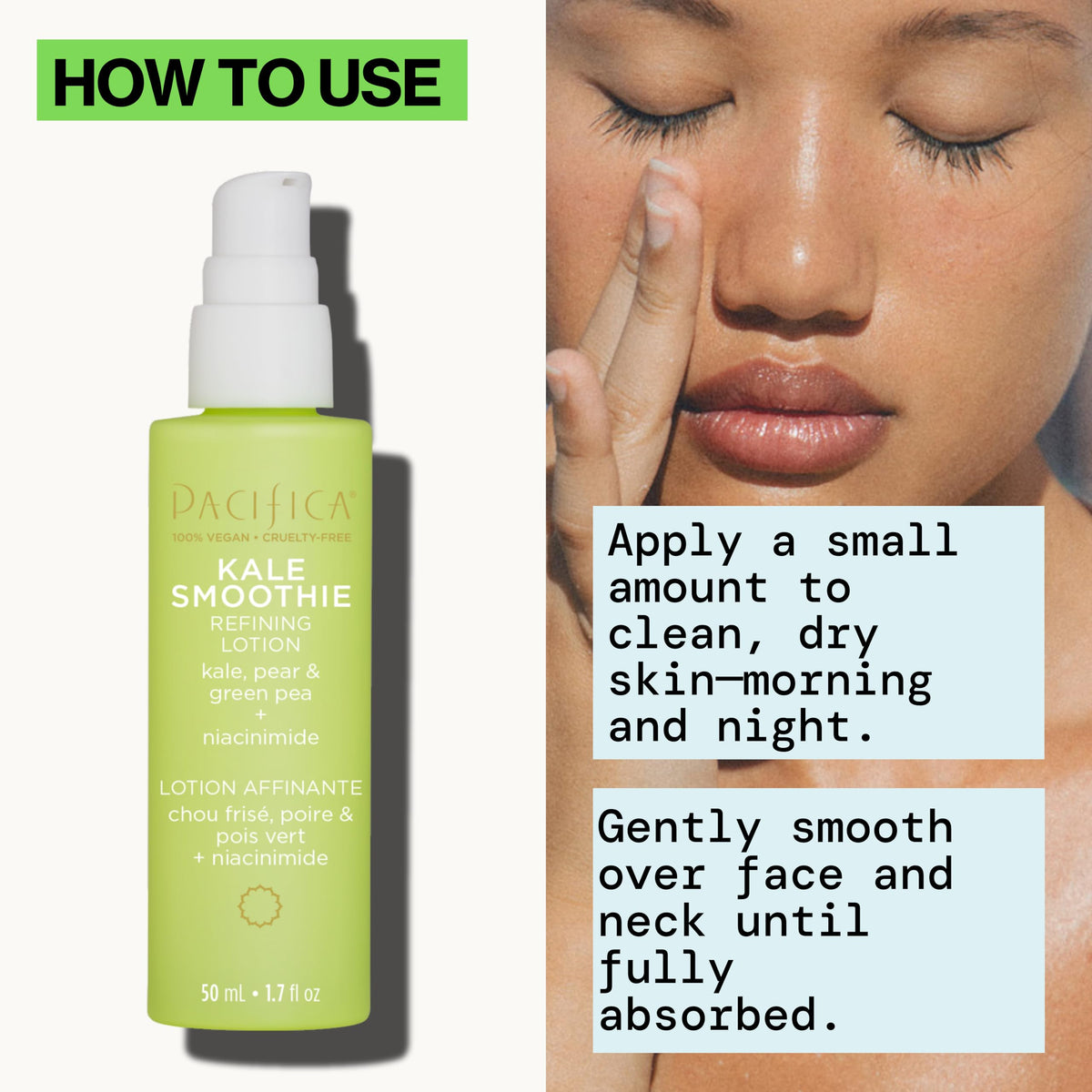 Pacifica Kale Smoothie Face Lotion application gesture suggests smooth, even coverage.