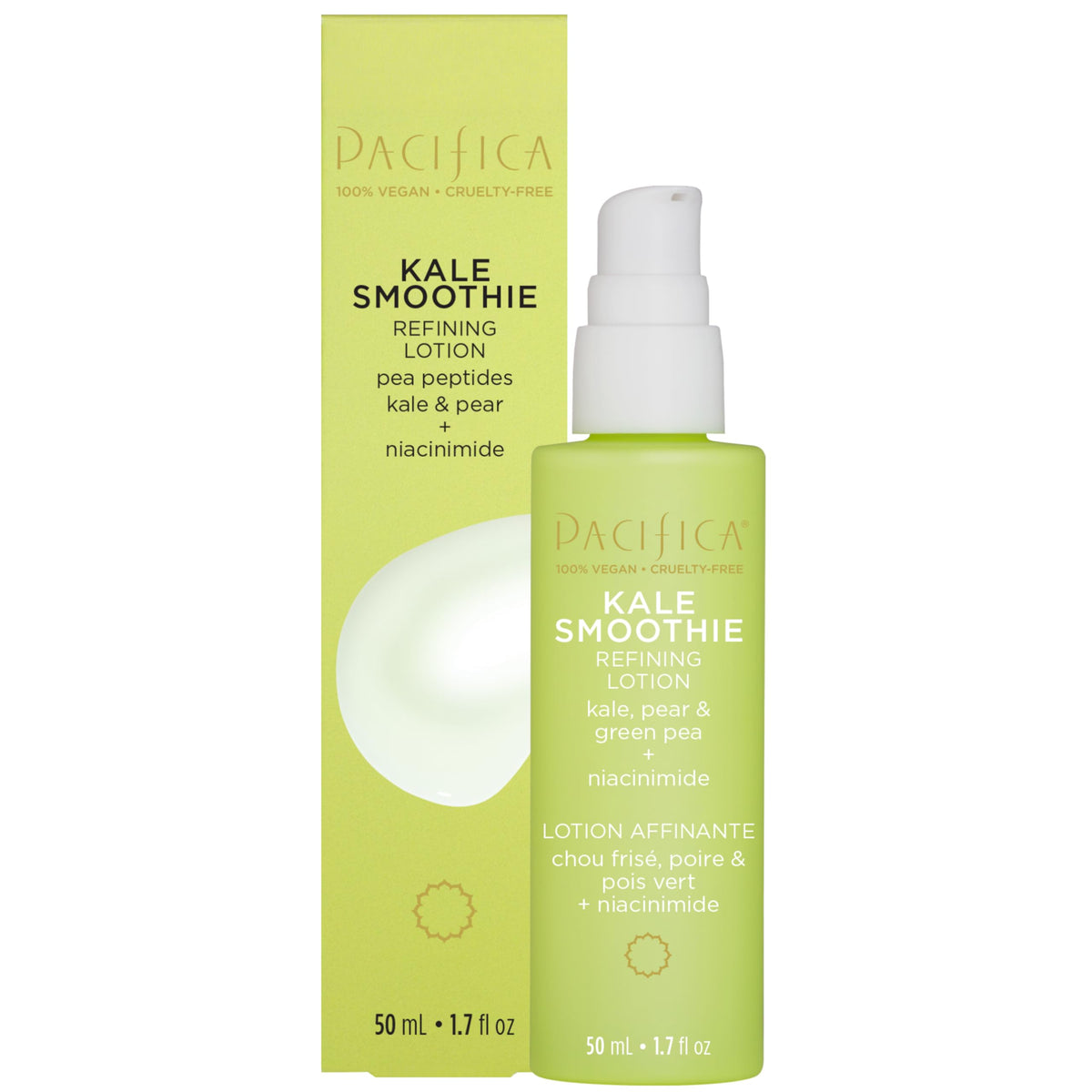 Pacifica Kale Smoothie Face Lotion bottle shows lightweight hydration for all skin types.