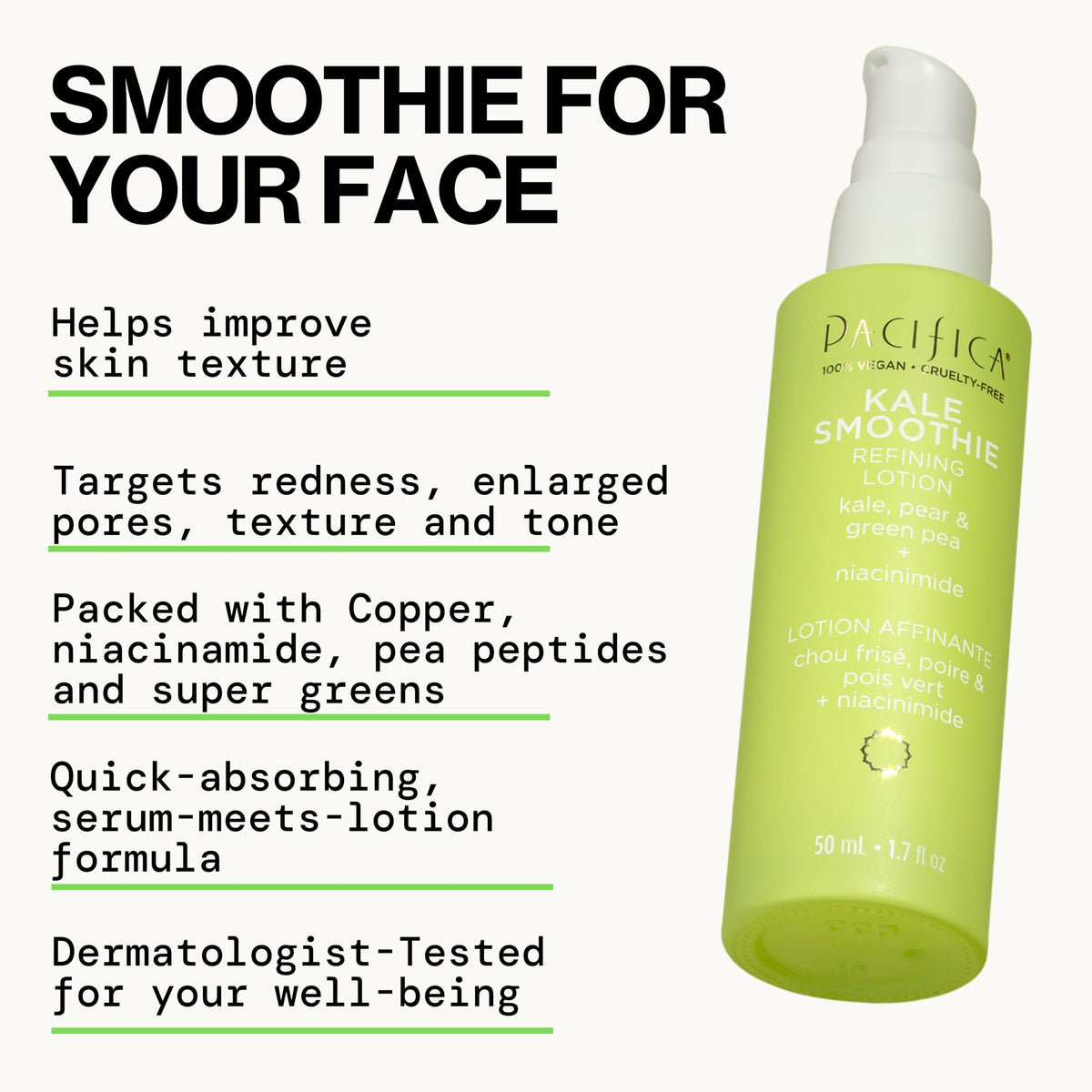Pacifica Kale Smoothie Face Lotion pump top enables easy, mess-free daily application.