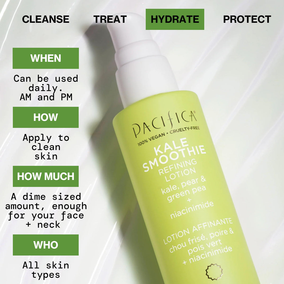 Pacifica Kale Smoothie Face Lotion texture closeup reveals a gel-like, fast-absorbing consistency.