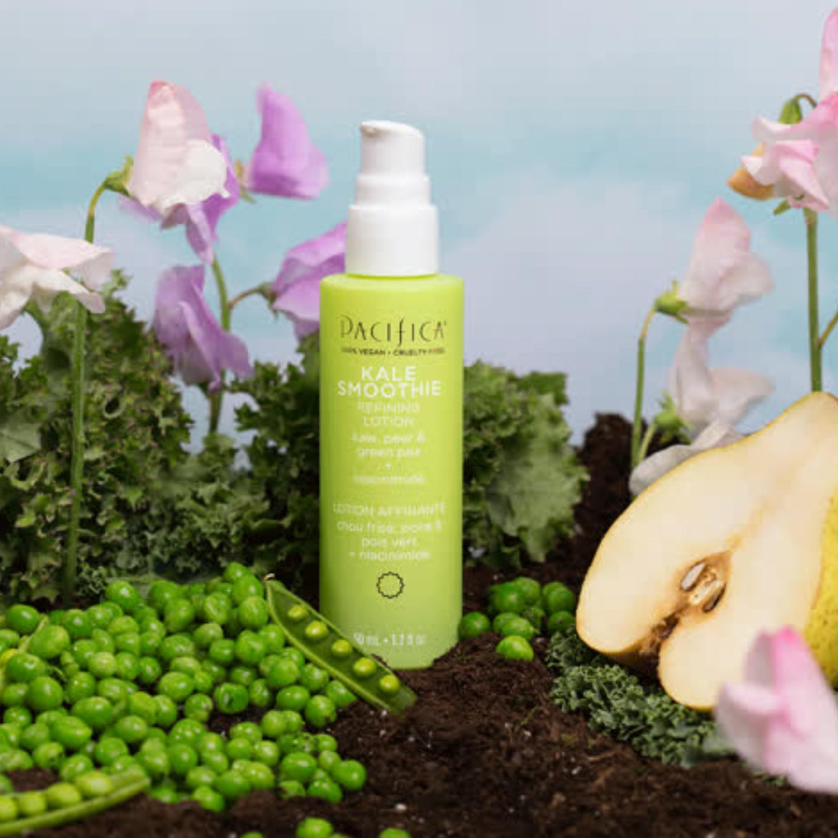 Pacifica Kale Smoothie Face Lotion texture swatches show gel-like finish.