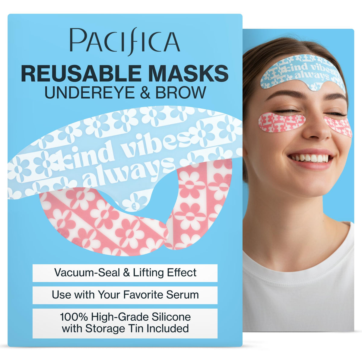 Pacifica reusable mask set full kit with storage tin for upper-face care.