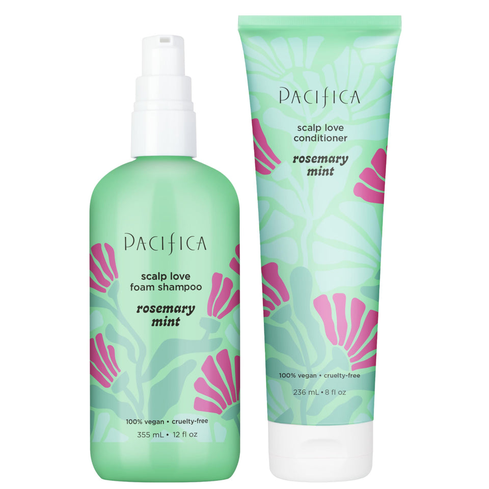 Pacifica Rosemary Mint Scalp Care Shampoo bottle promotes balanced, soothed scalp.