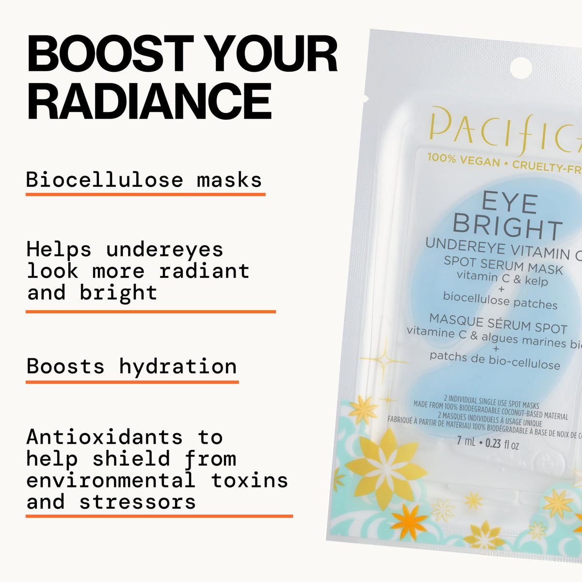 Pacifica serum closeup highlights key ingredients for brightening under eyes.
