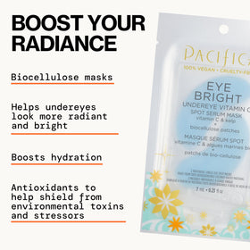 Pacifica serum closeup highlights key ingredients for brightening under eyes.