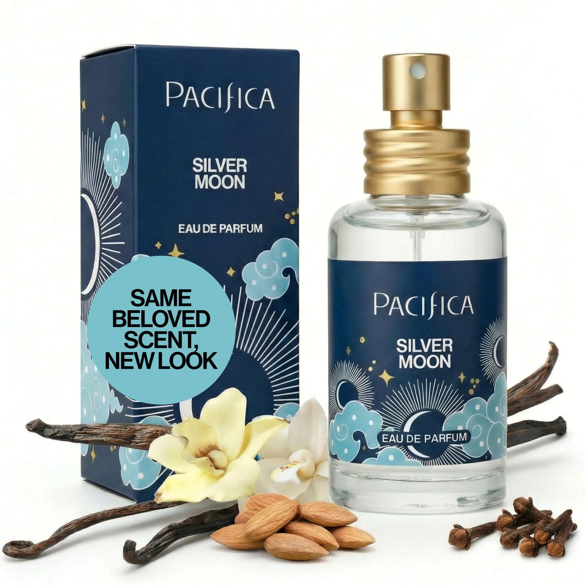 Pacifica Silver Moon bottle front showing the warm vanilla fragrance for daily wear