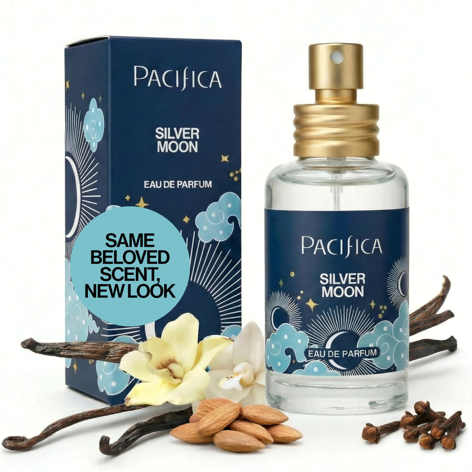 Pacifica Silver Moon bottle front showing the warm vanilla fragrance for daily wear