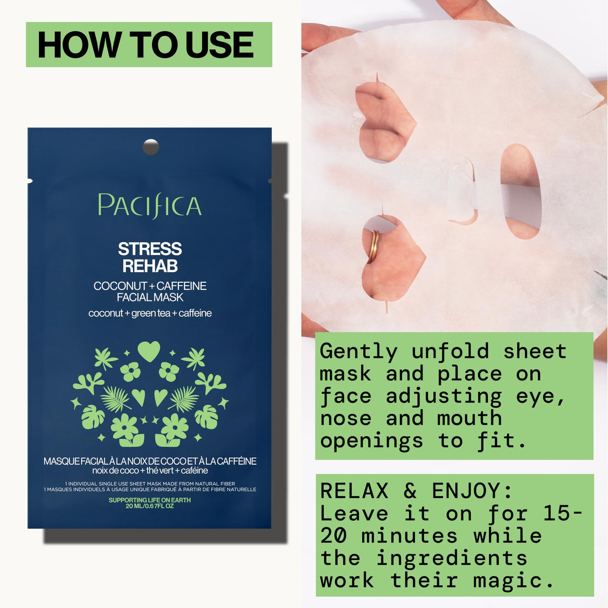 Pacifica Skin Rehab sheet mask close-up highlighting natural fiber for quick hydration.