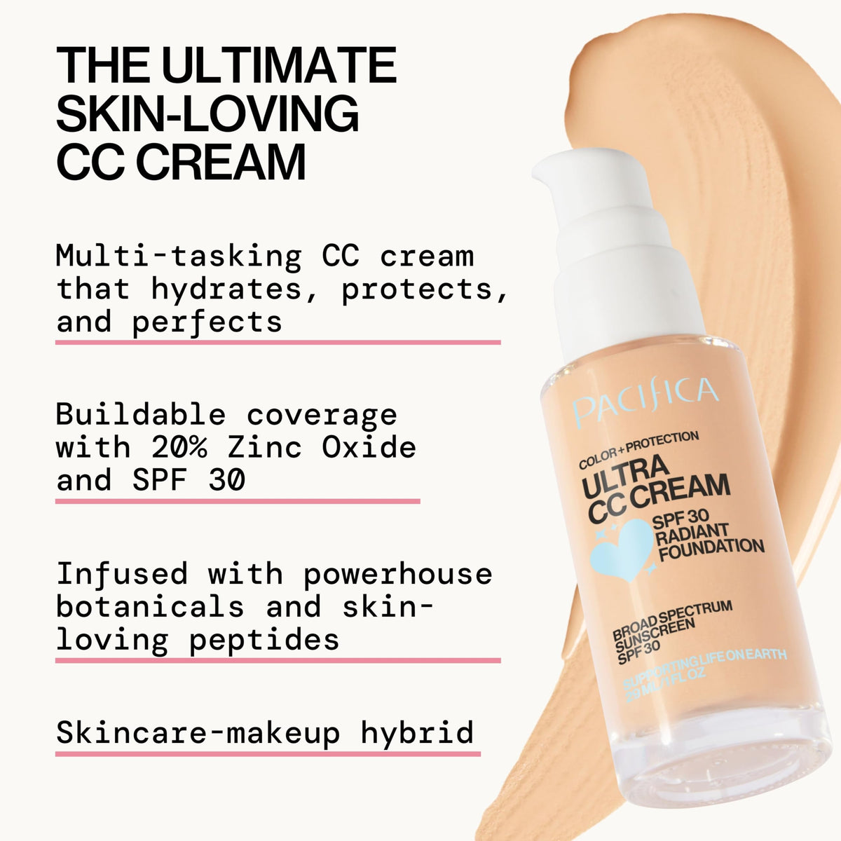 Pacifica Ultra CC Cream Radiant Foundation close-up reveals a dewy glow.