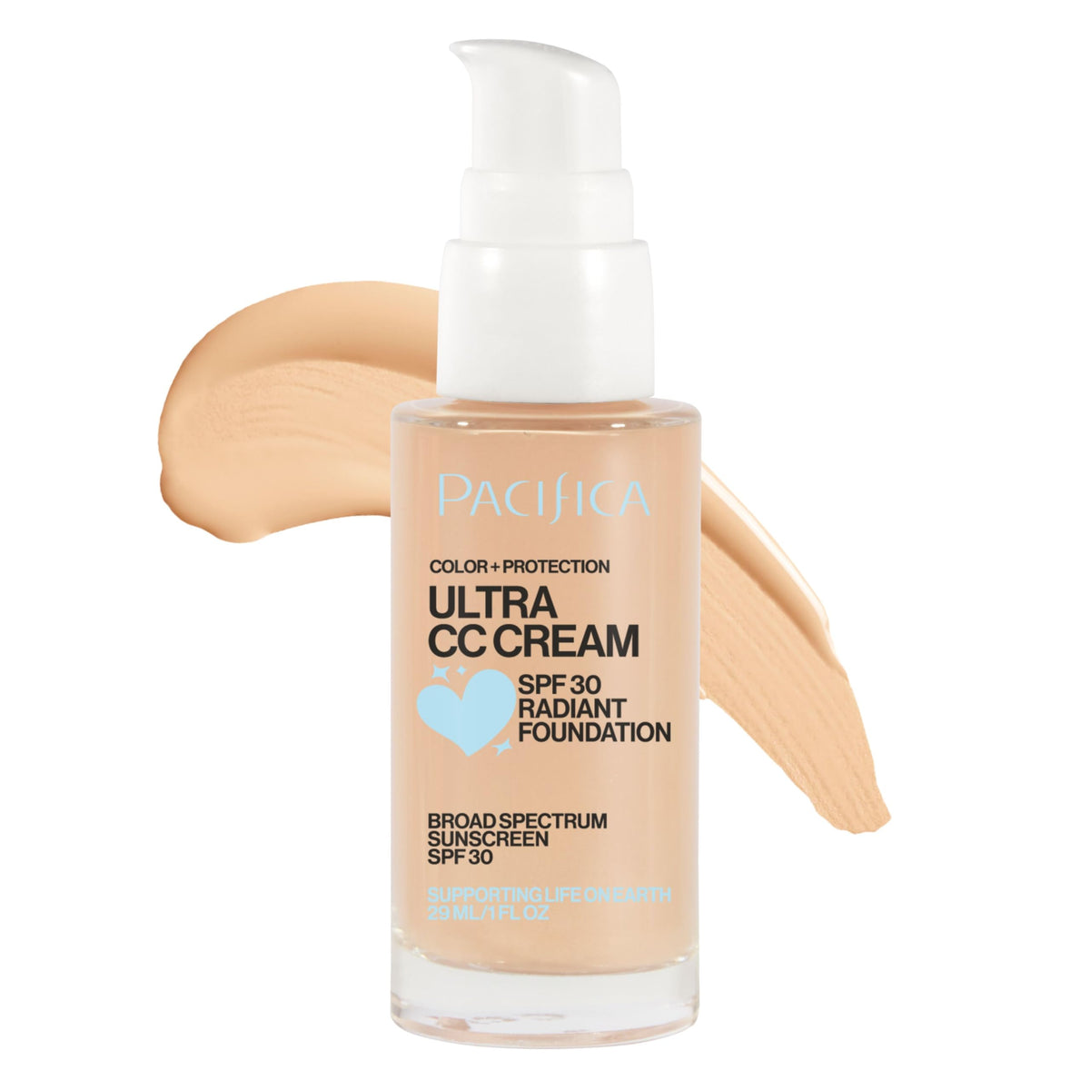 Pacifica Ultra CC Cream Radiant Foundation tube showing dewy finish and SPF 17 protection.