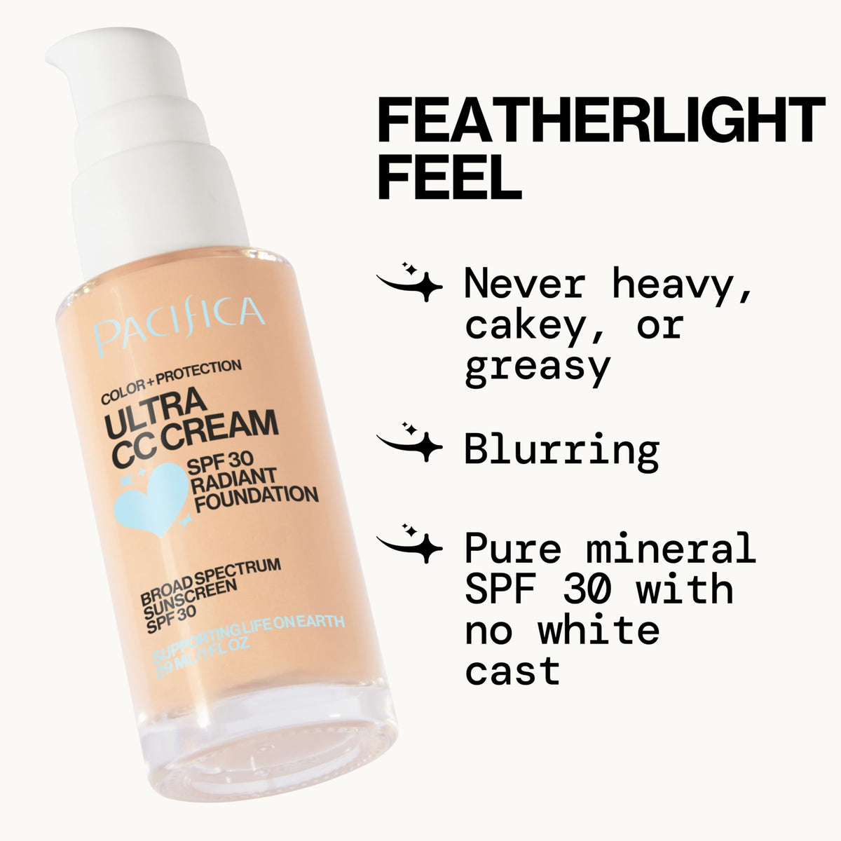 Pacifica Ultra CC Cream packaging highlights mineral SPF and natural ingredients.