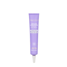 Pacifica Vegan Ceramide Eye Cream ingredients featuring ceramides, peptides, and vitamin E.
