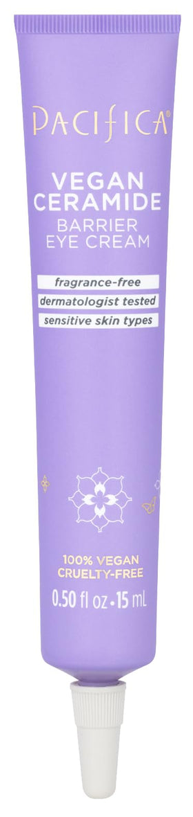 Pacifica Vegan Ceramide Barrier Eye Cream tube closeup, fragrance-free hydration.