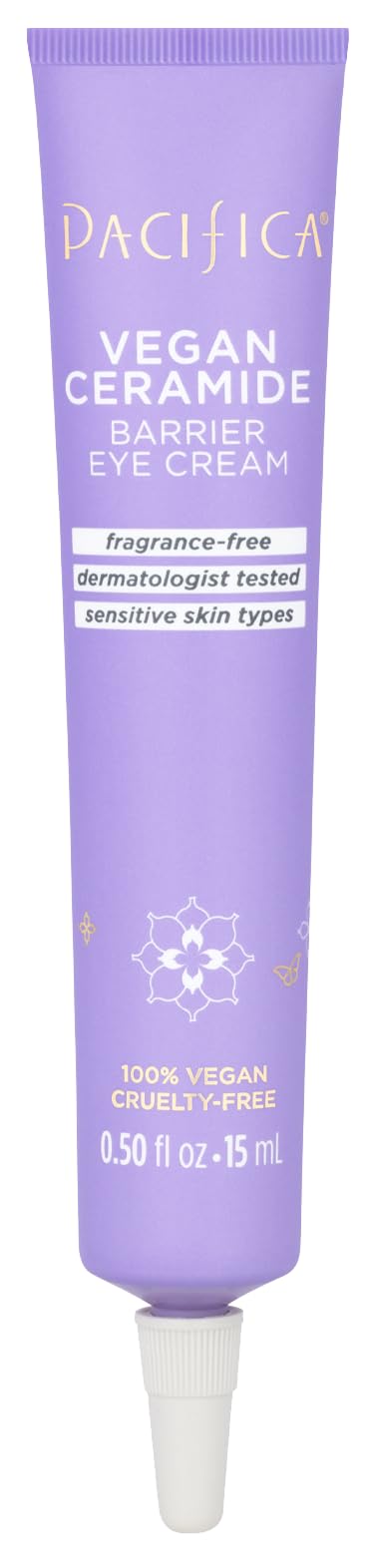 Pacifica Vegan Ceramide Barrier Eye Cream tube closeup, fragrance-free hydration.