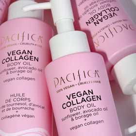 Packaging label on Pacifica Vegan Collagen Body Oil showing vegan, cruelty-free credentials