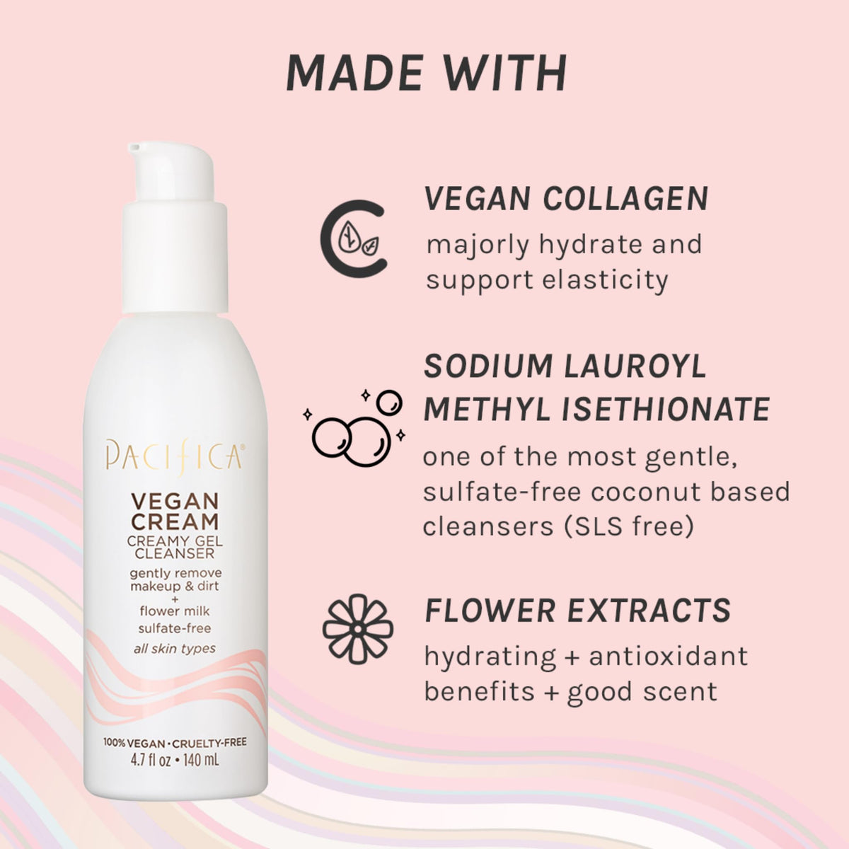 Pacifica Vegan Collagen Cream Gel Cleanser with flower milk emphasizes calming botanicals.