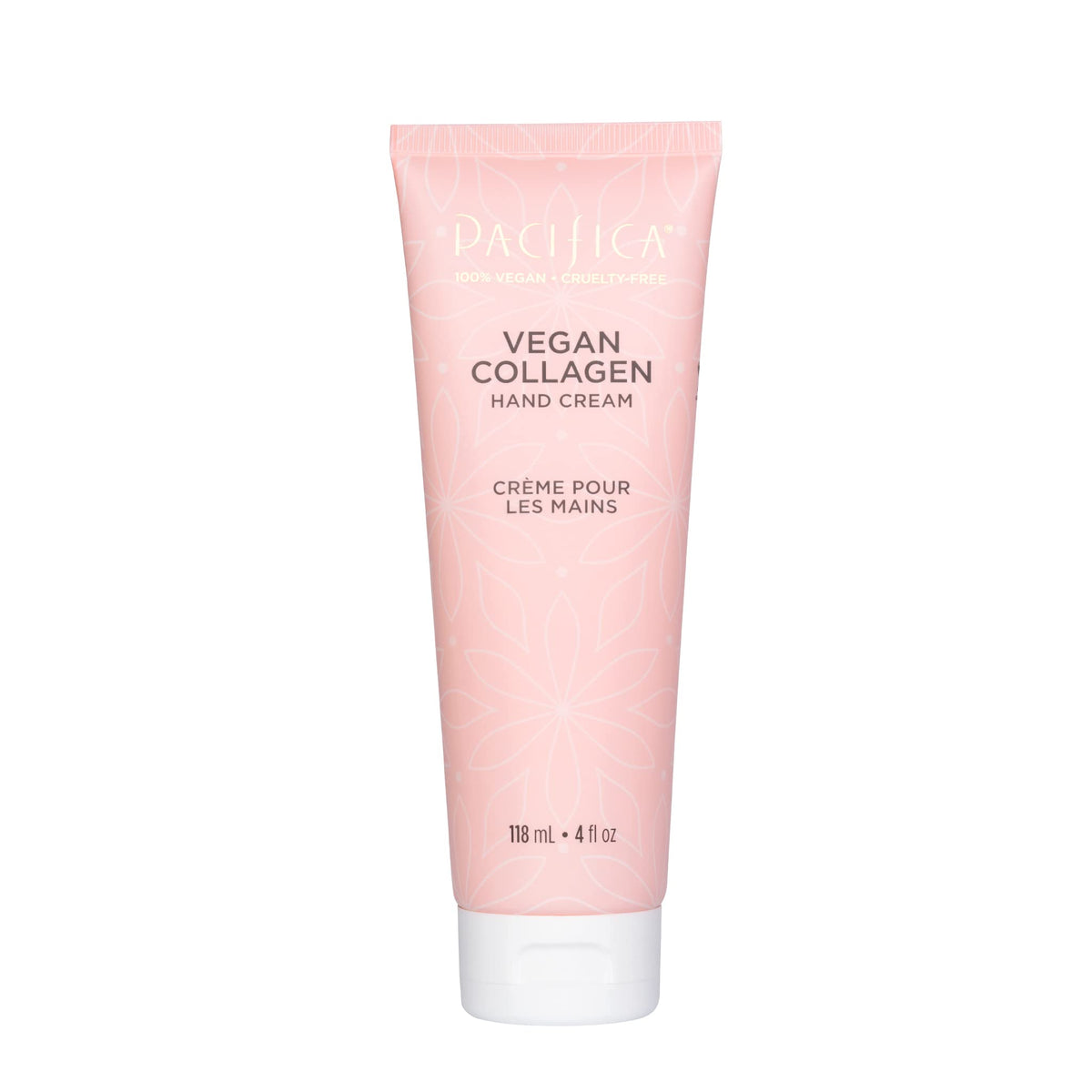 Pacifica Vegan Collagen Hand Cream tube; instantly nourishes dry hands with a silky, non-greasy finish.